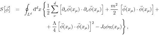 \begin{eqnarray*}
S\!\left[\raisebox{-0.3ex}{$\vec{\phi}$}\right]
& = &
\oint...
...mu})\right]^{2}
-
J_{0}\phi_{\mathfrak{N}}(x_{\mu})
\right\},
\end{eqnarray*}